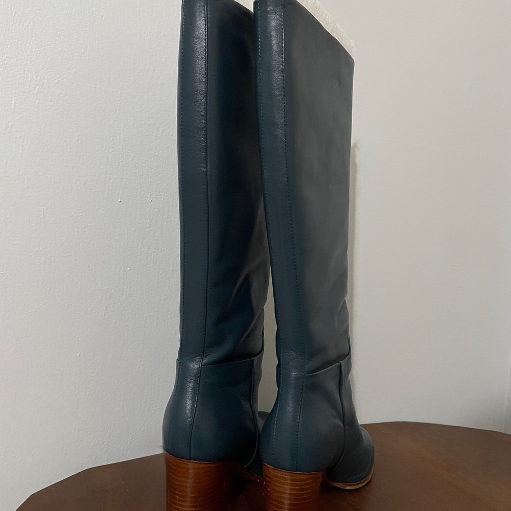 Boden Olivia Teal Leather Heeled Boots 38 Slip On Calf Boot - Picture 8 of 13